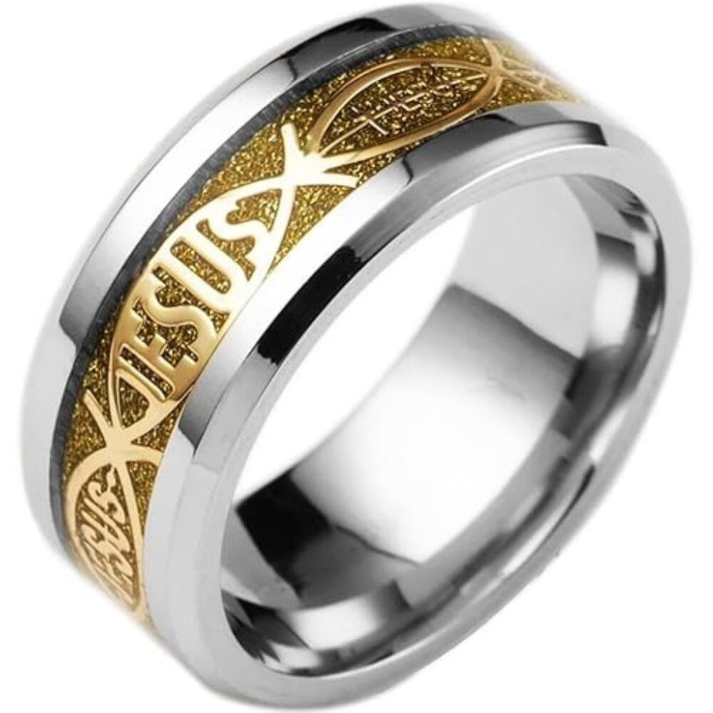 Tungsten Steel Carbide & Gold Jesus Carbon Inlay Statement Band Ring